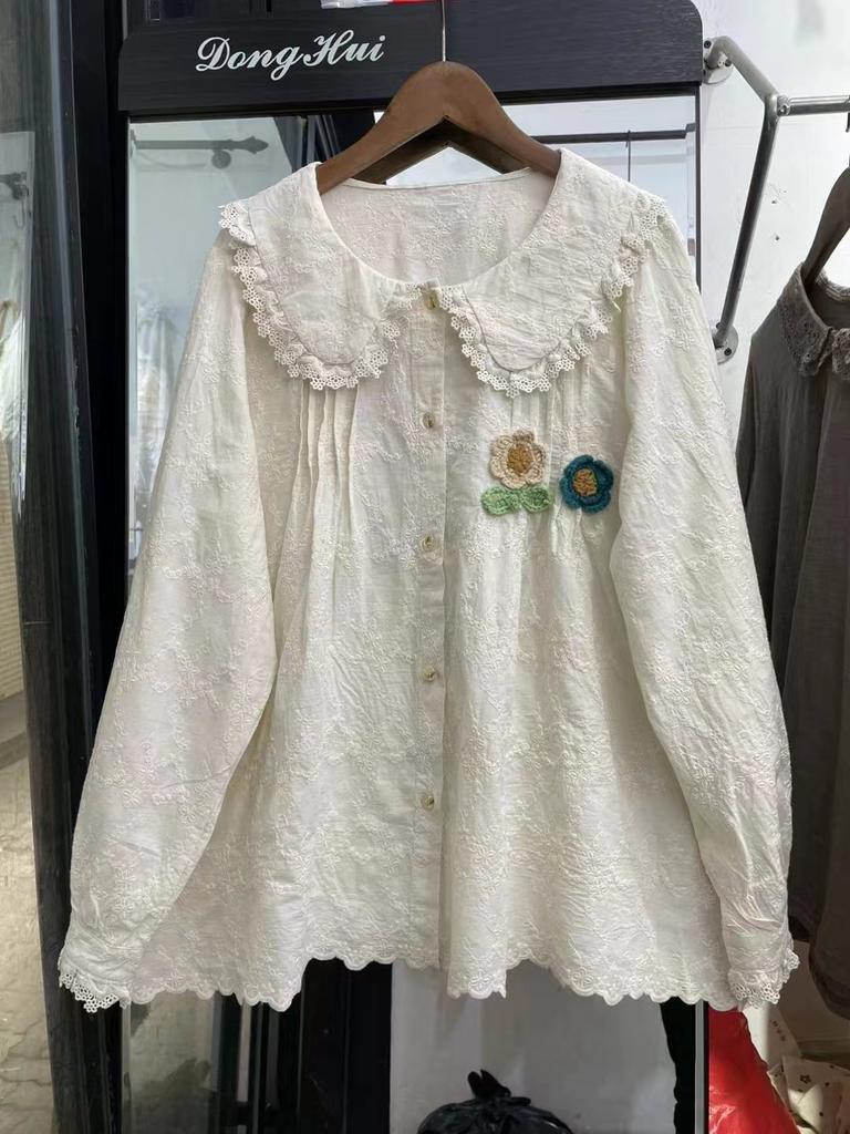 1116 Spring New Women's Lapel Japanese Cotton and Linen Shirt Loose Shirt Embroidered Mori Women's Long Sleeve Top