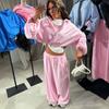 Womens Loose Fit Solid Color Lounge Set Long Sleeve Zip-Up Hooded Top Wide Leg Pants 2-Piece Comfortable Casual Outfit