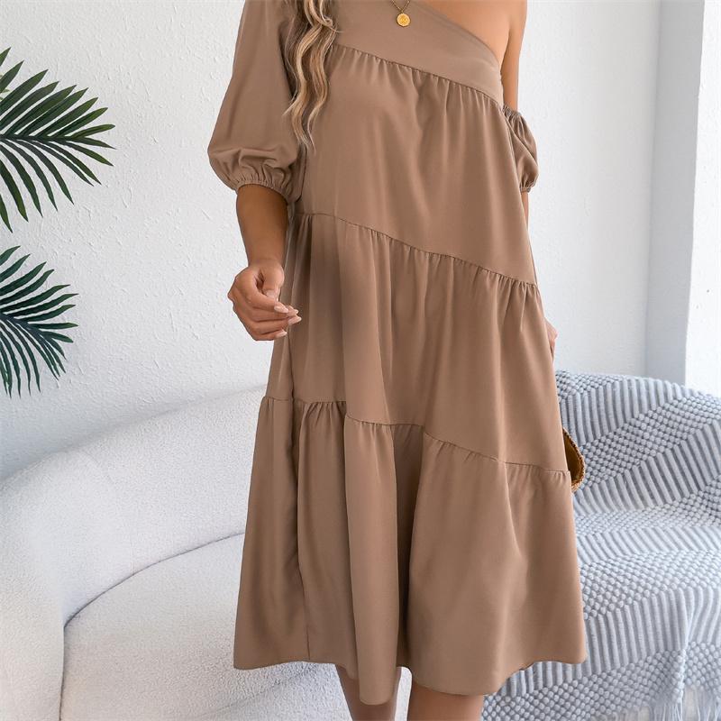 2026 Spring Summer Women's Off Shoulder Short Sleeved Ruffled Hem Long Skirt S-XL