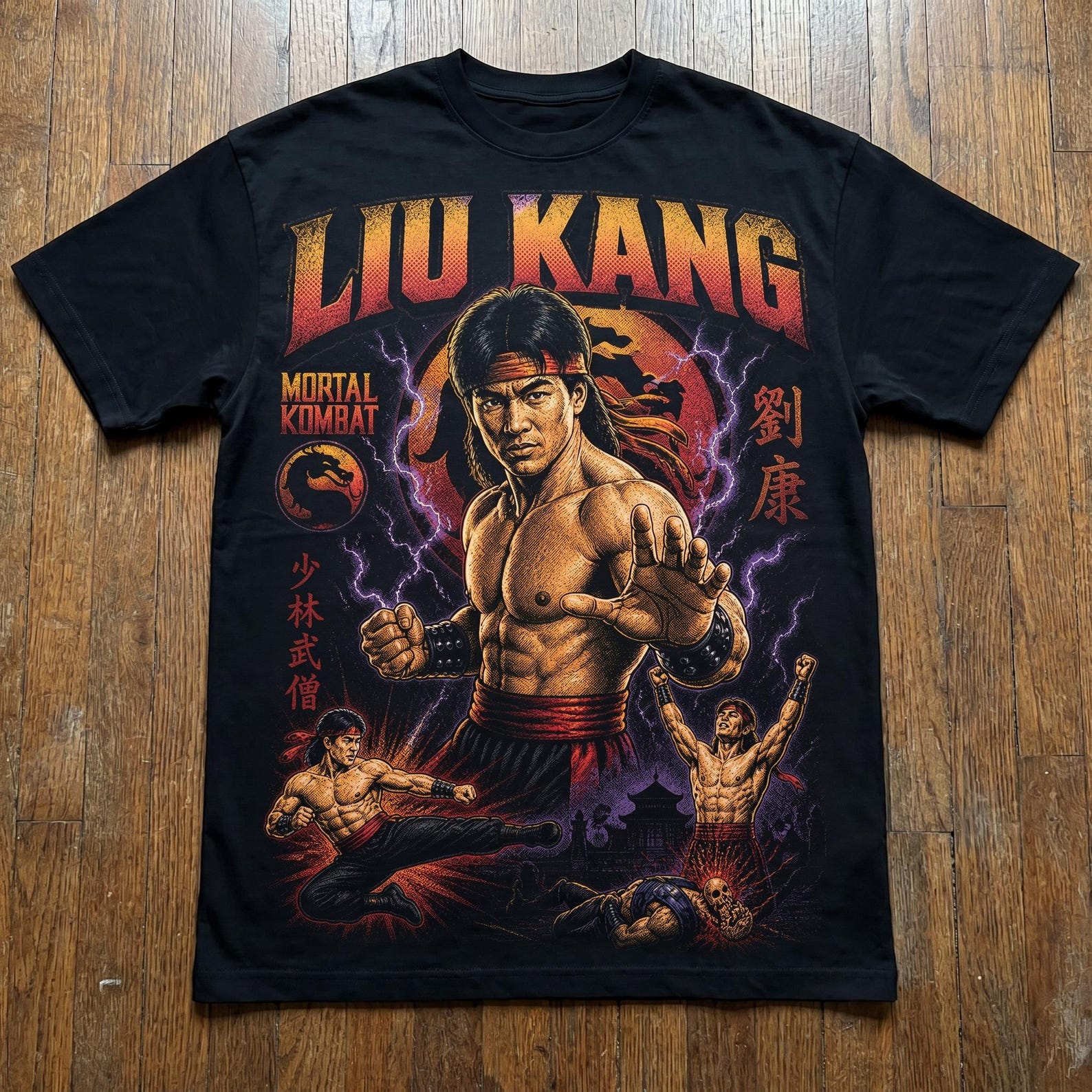 Liu Kang Mortal Kombat Loose Drop Shoulder Tee, Retro Fighting Game Graphic T-Shirt XL