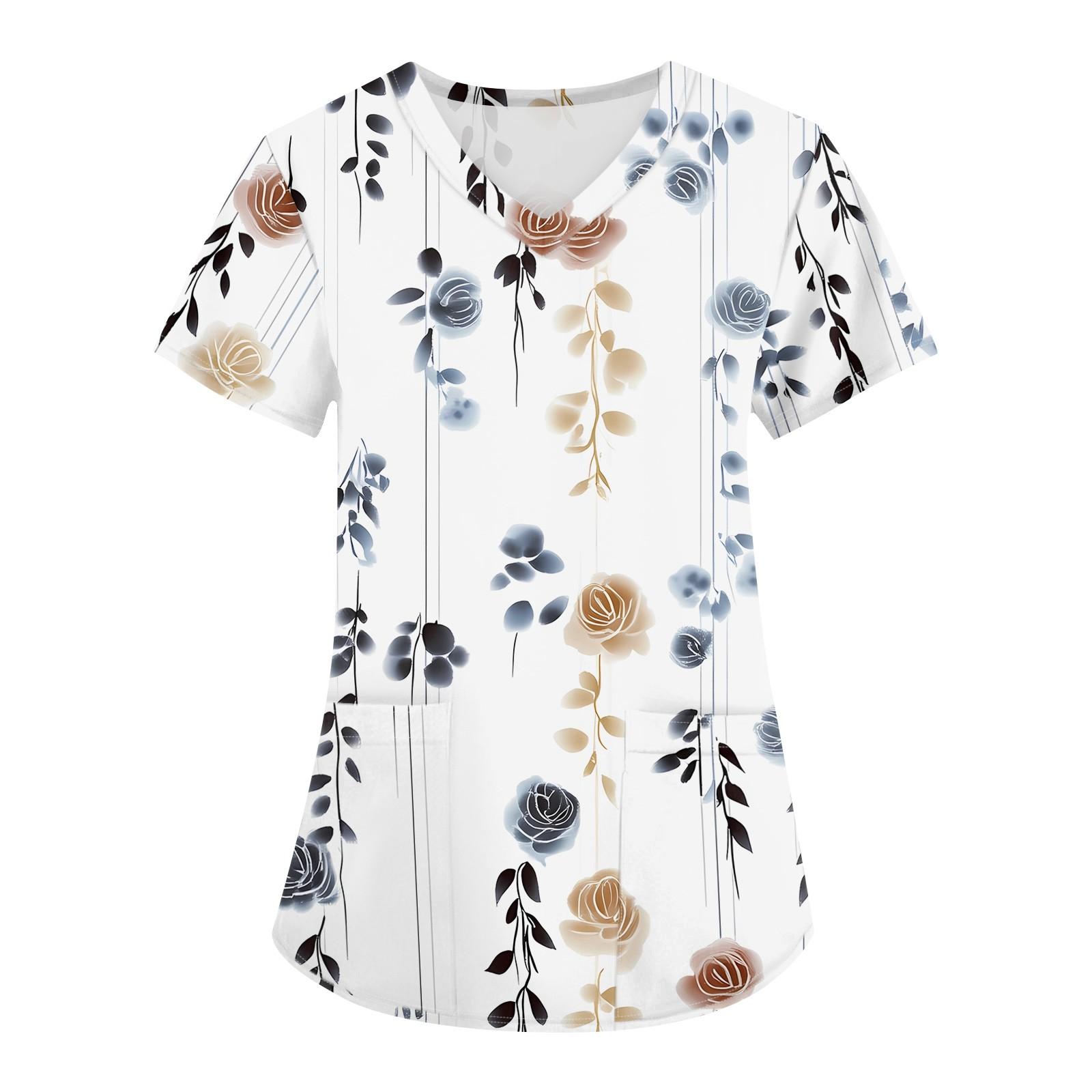 

Женская мода с v-образным вырезом, короткими рукавами и карманами, топы с принтом XL белый