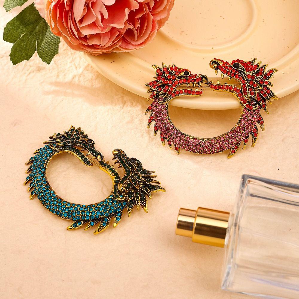 Rhinestone Chinese Loong Brooch Aesthetic Double Head Dragon Badge Zodiac Dragon Pin  Trousers