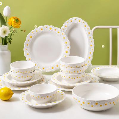 Ceramiczne tłoczone stokrotki, kreatywne naczynia, miska na zupę warzywną i ryżową, zestaw obiadowy z ceramiki, zestaw naczyń stołowych