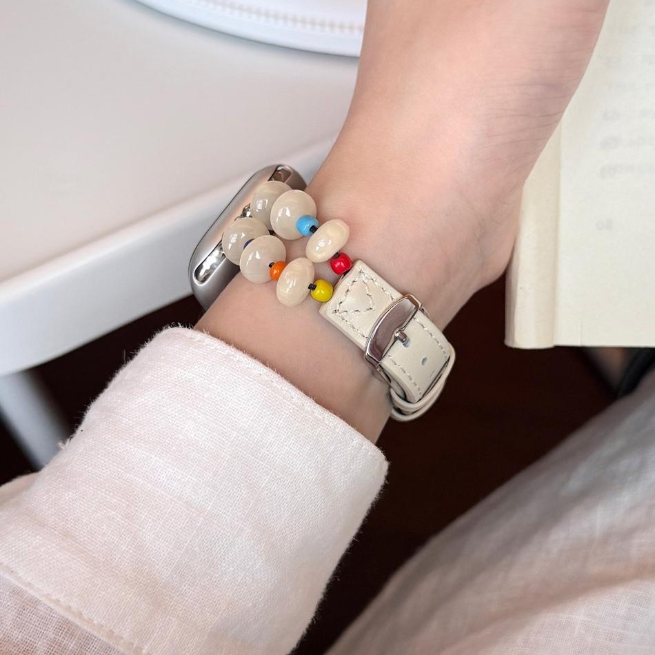 Colored Beaded Leather Bracelet For Apple Watch Band S11/10/9/8/7/6/5/4/Ultra iWatch Strap 49/46/45/44/42/41/40/38mm Fashionable