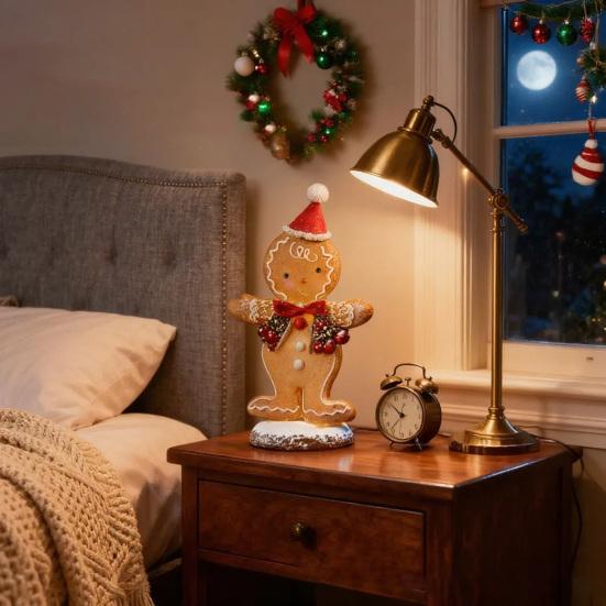 Christmas Gingerbread Night Light Small Resin Light Up Gingerbread Man Figurine Tabletop Decor for Indoor Room Decor