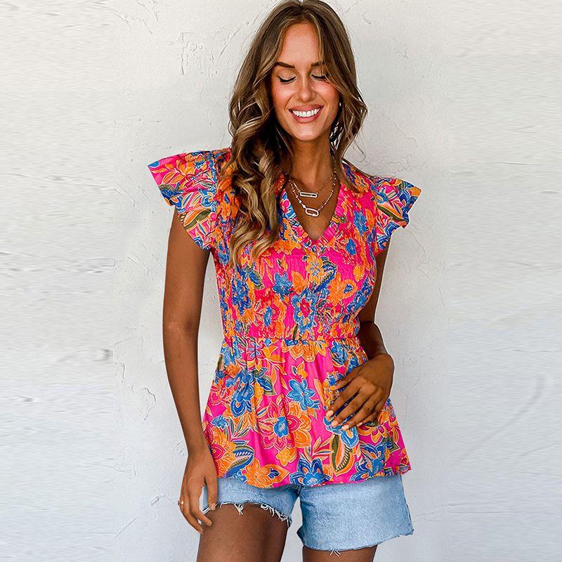 

European and American Leisure Florals Printed Pullover Women s 2024 Summer New Arrival Special-Interest Design Ruffle Sleeve Shirt Rose P622 XL code fits (70.00 kg-75.00 kg