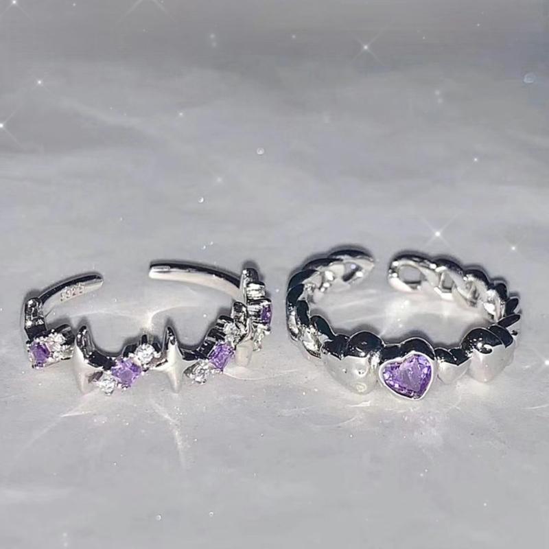 2 Pieces Adjustable Rings Purple Rhinestone Engagement Rings Y2K Rings Aesthetic Jewelry Alloy Material Gift for Women