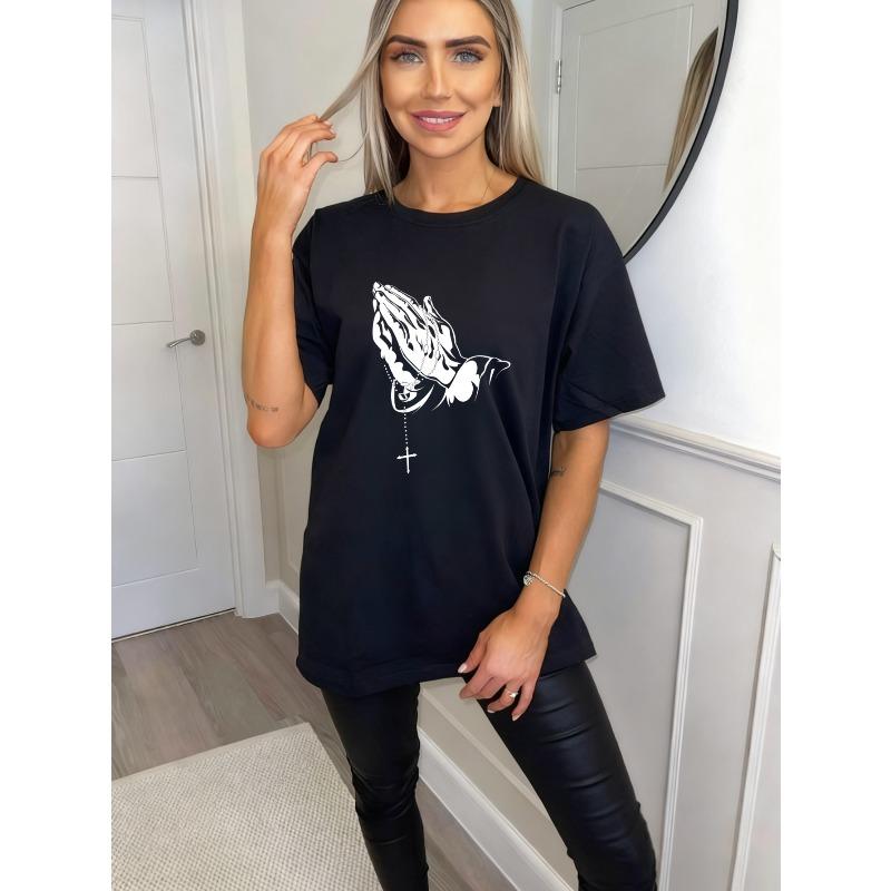 Oversized T Shirt Black Praying Hands With Rosary Cross Print Casual Streetwear For Women