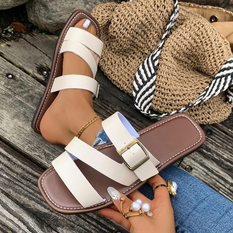 Women's Buckle Flat Slipper Peep Toe Retro Style Beach Sandal