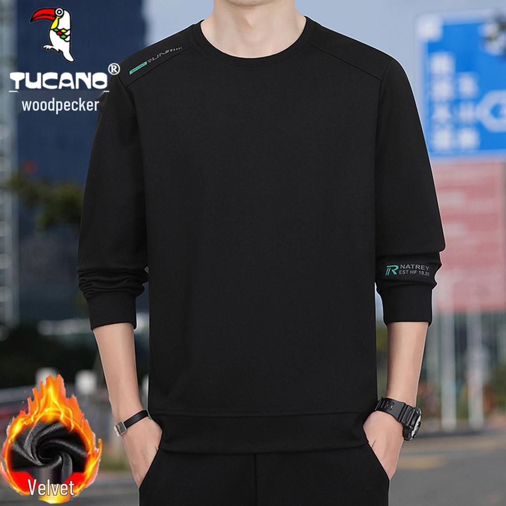 Woodpecker Men's 2025 Hoodie: Breathable Plus Velvet Round Neck Pullover, Long Sleeve, Spring/Autumn Style