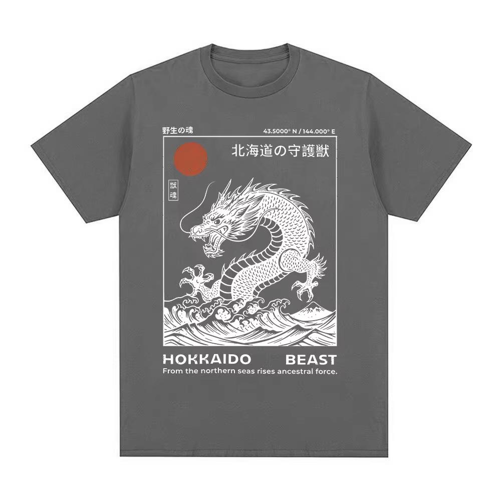 Hokkaido Beast Dragon Tshirts Retro Japanese Style Wave Illustration T Shirts Unisexs Clothing Short Sleeve Cotton Casual Tees