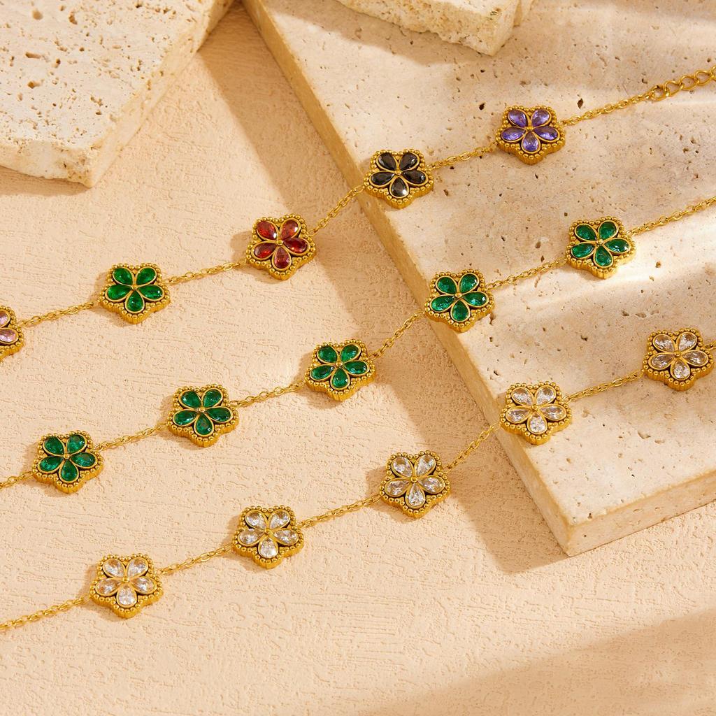Gold-Plated Rhinestone Glass Flower Jewelry Set with Color Accents