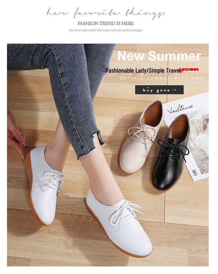 Women's White Lace-up Round Toe Non-slip Genuine Leather Flat Shoes - Casual & Versatile Korean Style