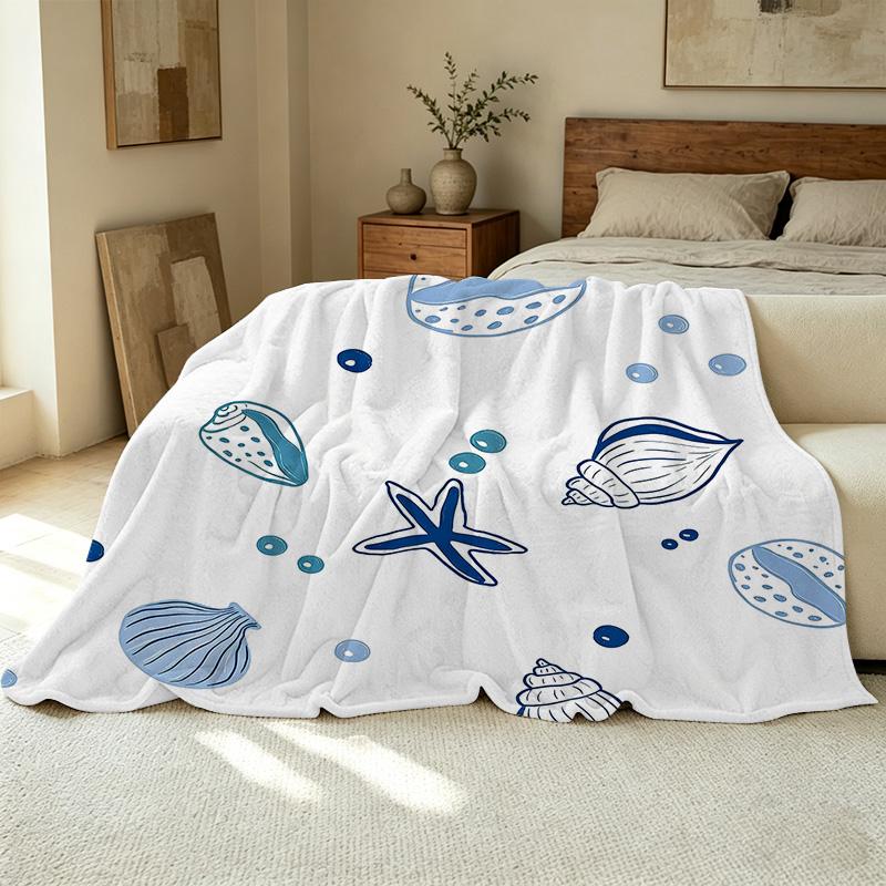 Plush Flannel Throw Blanket – Machine Washable Soft Warm Ocean Theme with Shell & Starfish, Cozy for Home Lounge, Office Nap, Halloween & Christmas