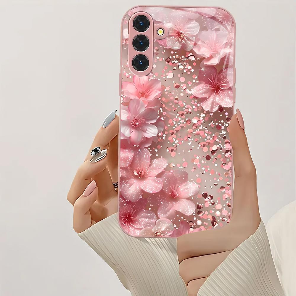 Floral Design Metal Paint Glass Phone Case Suitable for Samsung GalaxyS26 S25 S24 S22 S21 S20FE/Ultra/Plus Shockproof Back Cover