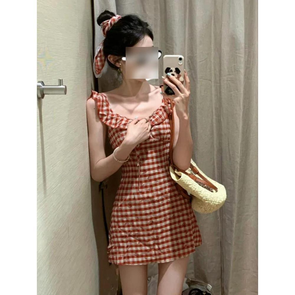 French temperament red plaid sleeveless dress children's summer temperament new small thin waist skirt