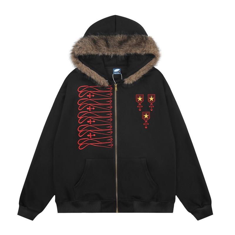 Mens Hooded Sweatshirt Jacket Star Embroidery Loose Fit Streetwear
