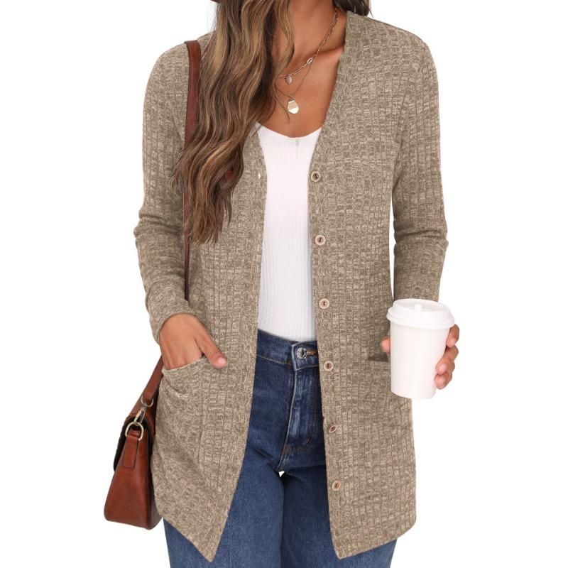Autumn and Winter Solid Color Loose Long Sleeve Pocket Cardigan Jacket Women's New Style