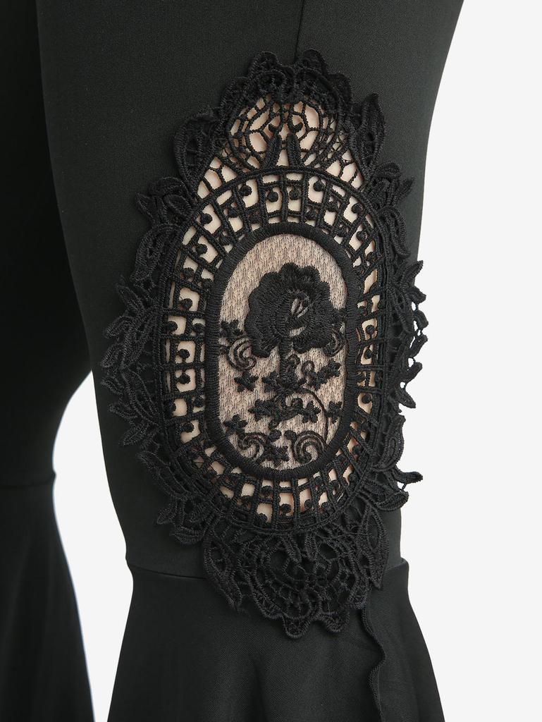 Rosegal Plus Size Skull Mesh Flocking Ruffles Floral Applique Pocket Flare Pants