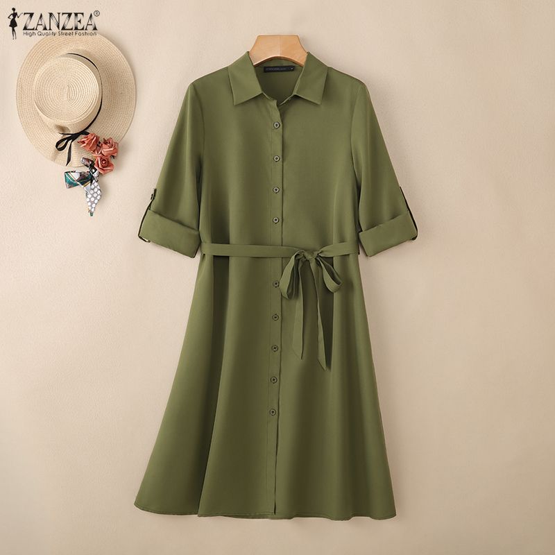 ZANZEA Damska luźna sukienka z długim rękawem i kołnierzykiem typu „sweet down”