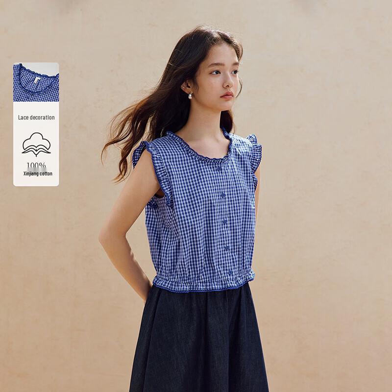 INMAN Women s Retro Plaid Sleeveless Ruffled Shirt S