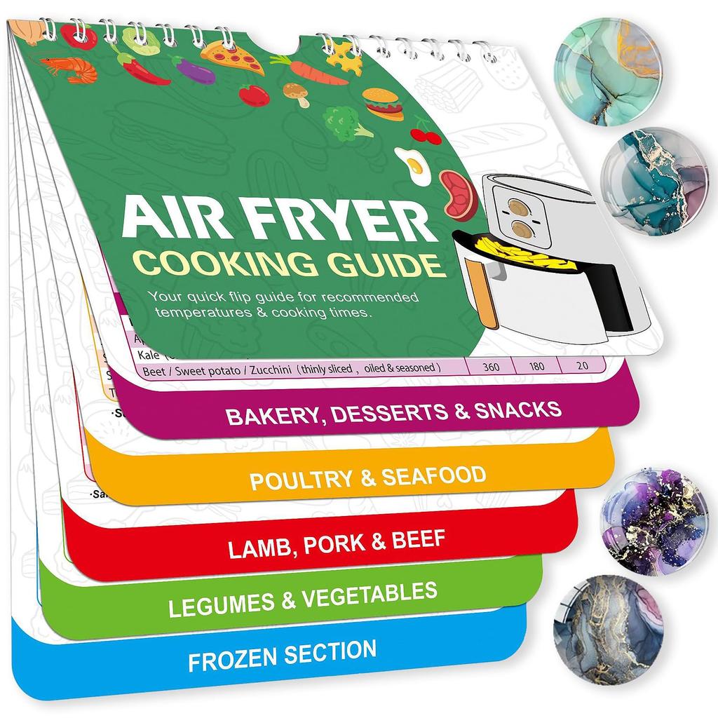 Silreck Arkusz ściągawki do frytkownicy powietrznej Magnetyczny przewodnik gotowania Broszurka I Gotowa do lodówki Magia frytkownicy powietrznej: Książka kucharska z pętelką do zawieszania i magnesem