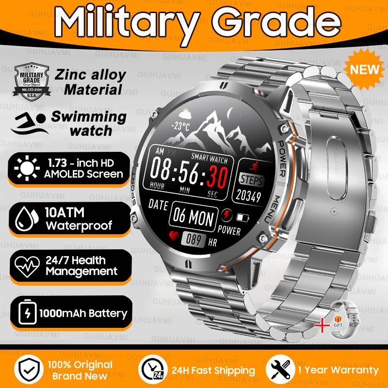 New 1000mAh Big Battery Outdoors Military SmartWatch 1.73" AMOLED Screen 10ATM Waterproof Compass Sports Tracker Smartwatch