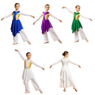 Kids Church Worship Dance Dress Back Invisible Zipper Sleeveless Color Block Metallic Bodice Asymmetrical Hem Satin Tunic for Praise