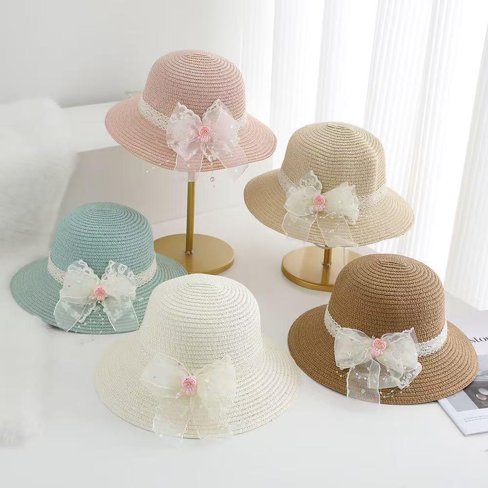 Girls' Lace Bow Sun Protection Straw Hat – Summer Outdoor Beach Bucket Hat