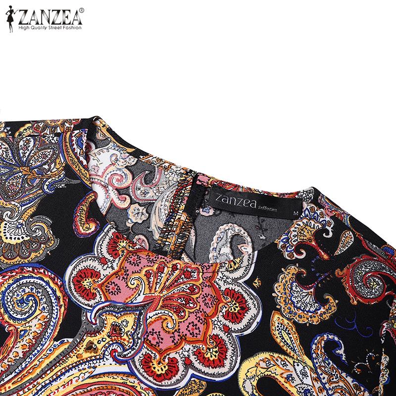 ZANZEA Women Casual Round Neck Short Sleeve Ethnic Print Loose Dress
