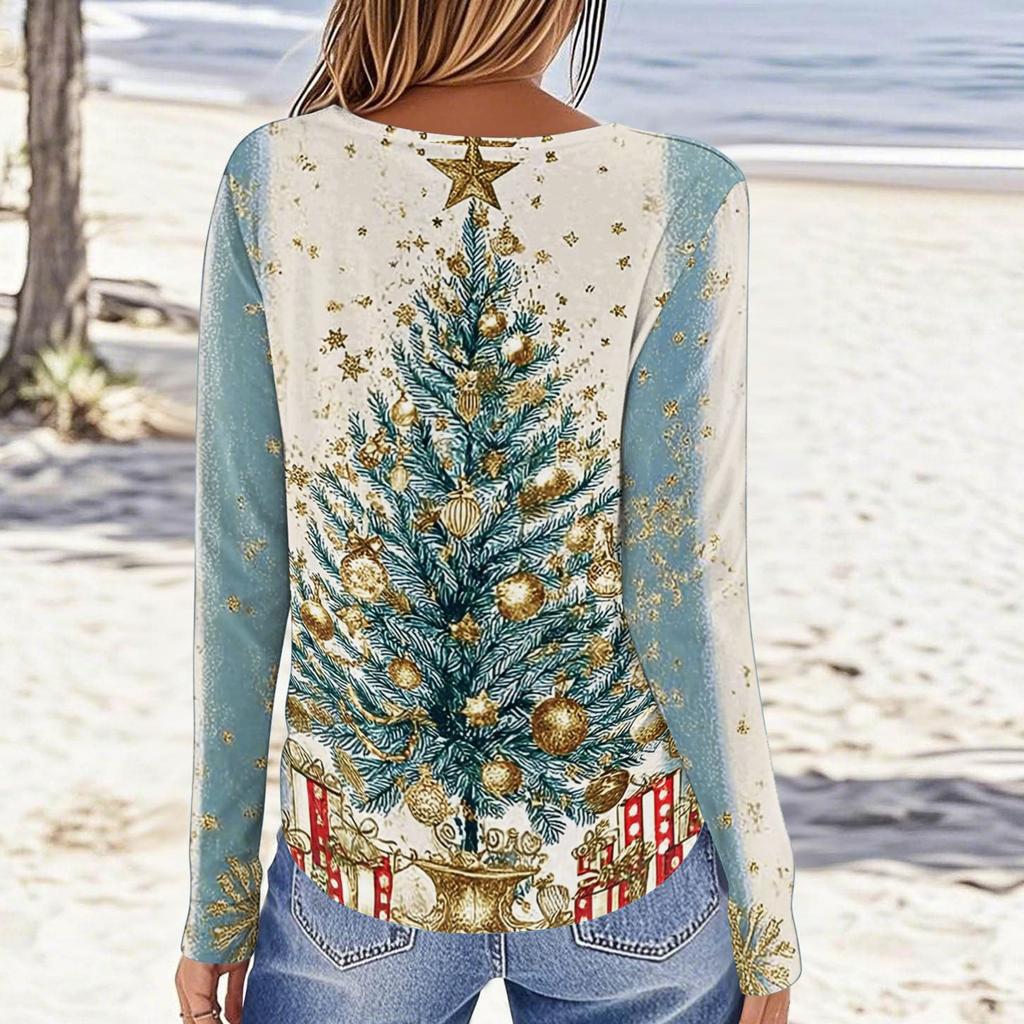 Women's Christmas Printed Long Sleeve Round Neck Top Casual Blouse