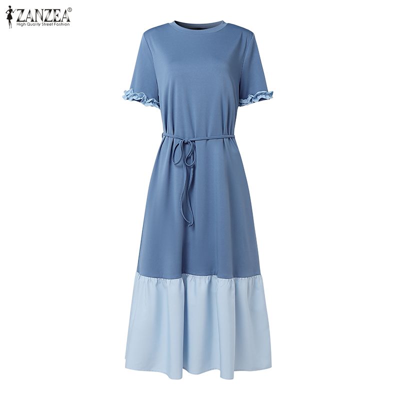 ZANZEA Women Casual Round Neck Summer Short Sleeve Splice Long Dress