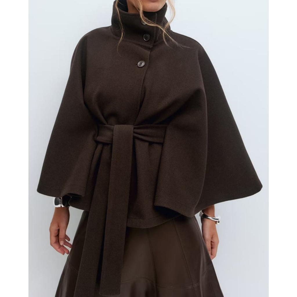 2025 Women's Autumn Winter New Solid Color Cloak Stand Collar Button Belt Trench Coat Fashion Outerwear for Amazon Cross-border