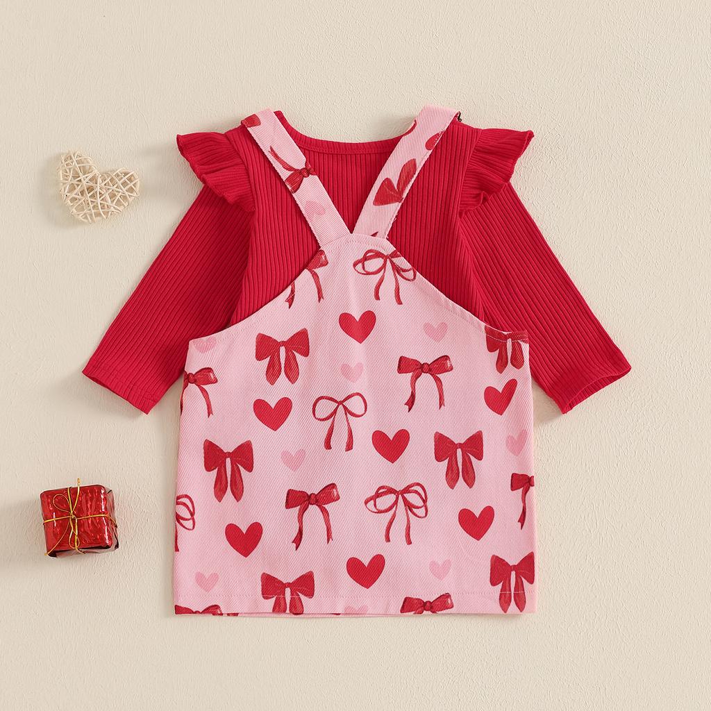 Baby Mädchen Valentinstag Outfit Einfarbig Gerippt Rüschen Langarm Strampler Herz Schleife Druck Latzkleid 2-teiliges Set
