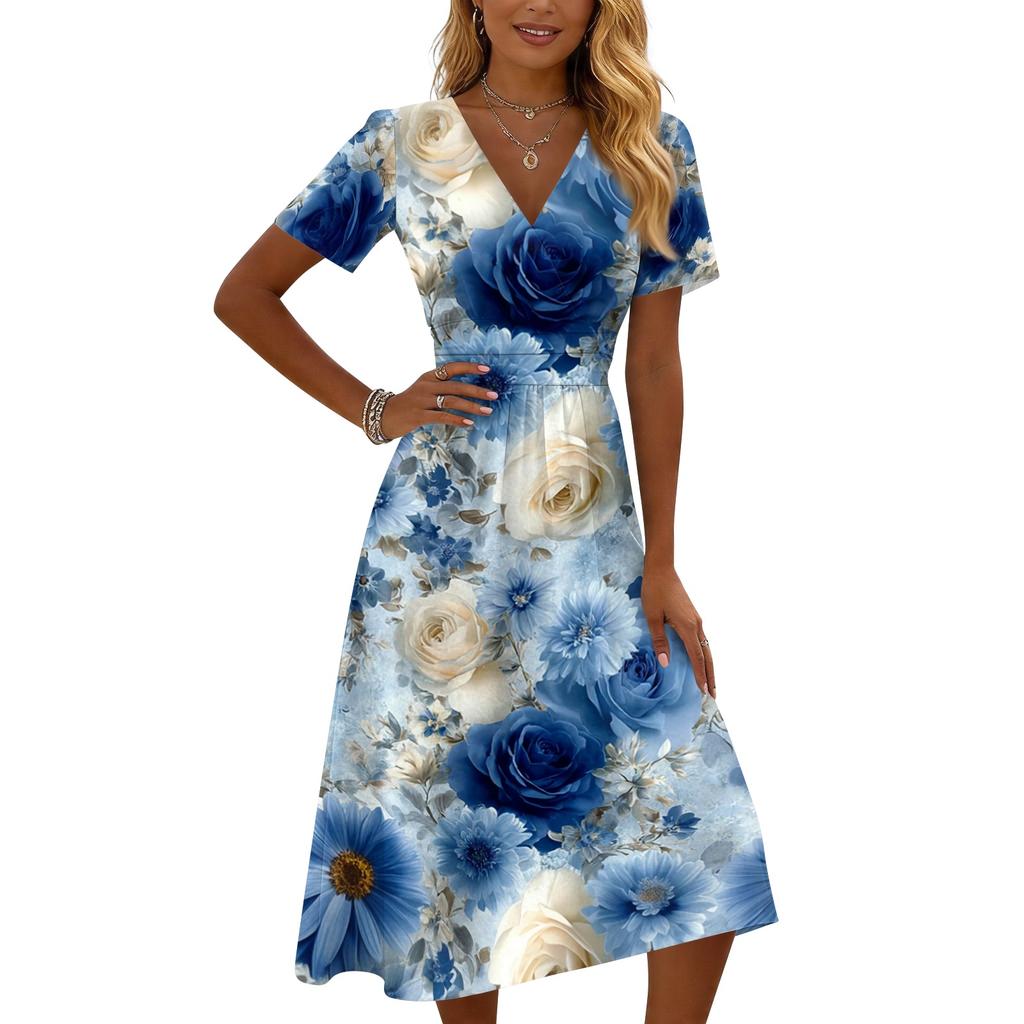 Summer Dresses for Women 2026 V Neck Short Sleeve Midi Dresses for Women Casual Dresses for Women Graduation Dress