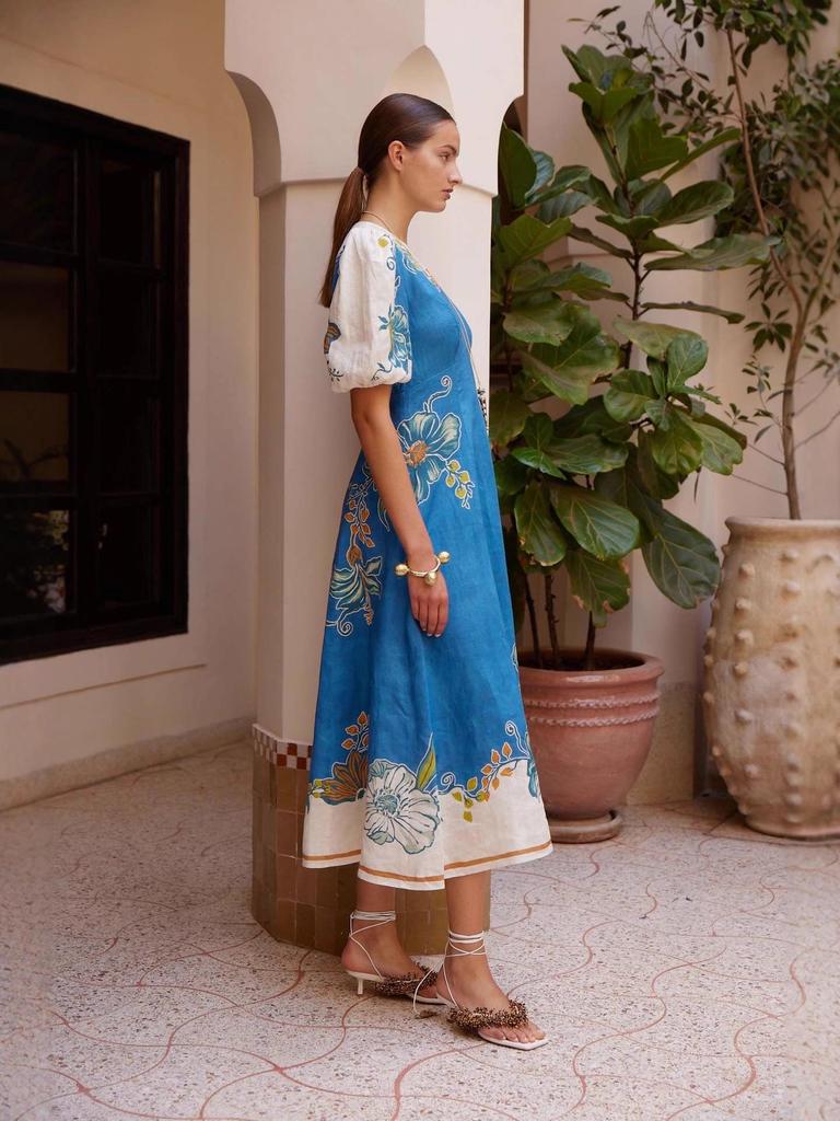 2025 Floral Linen Lantern Sleeve Dress with Round Neck and Waist-Cinching Design