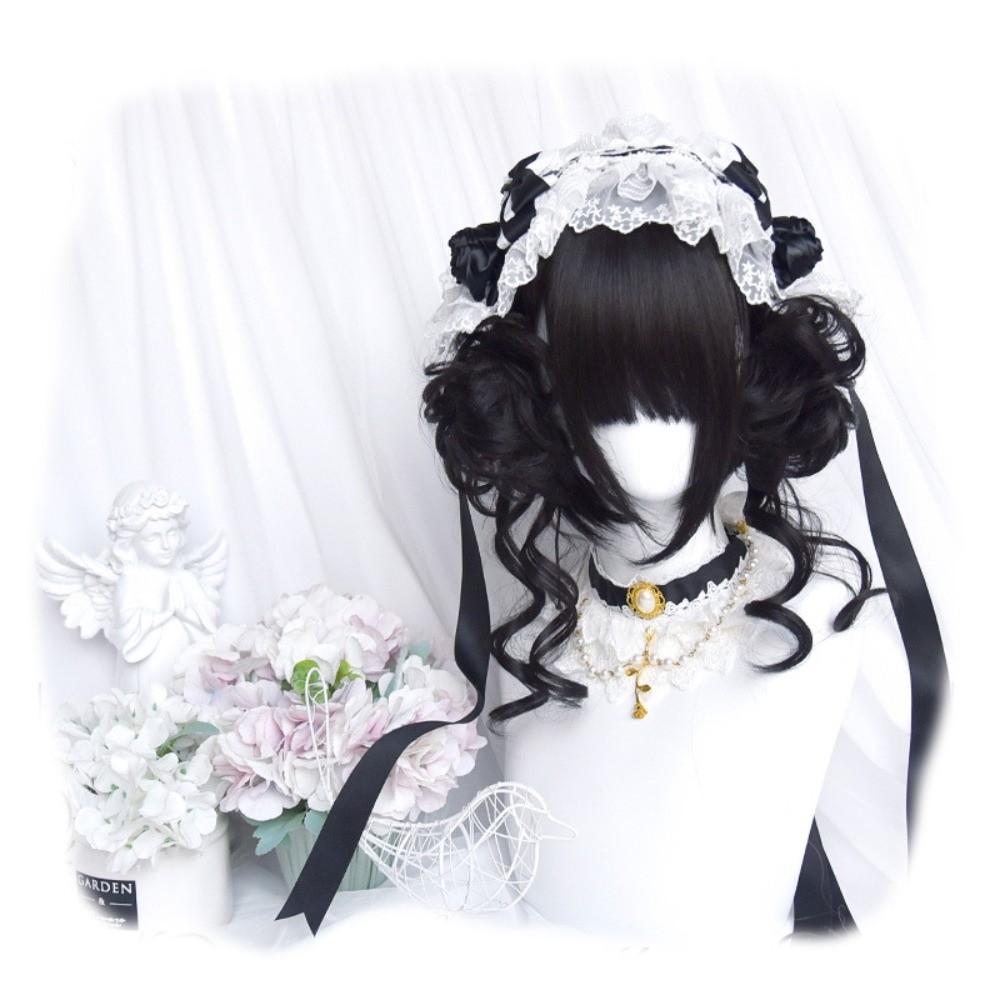 Synthetic Lolita Wig with Bangs Blonde Flower Bun Head Wig Short Curly Double Ponytail Bun  Girl
