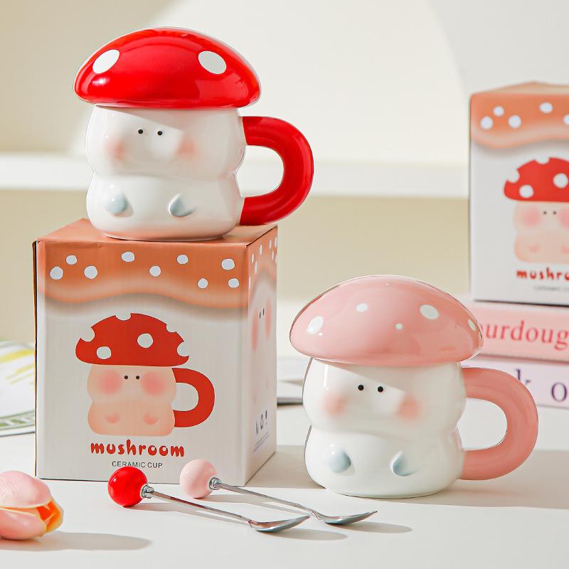 Girl's heart cartoon cute mushroom ceramic cup with lid souvenir high value creative ceramic mug coffee cup
