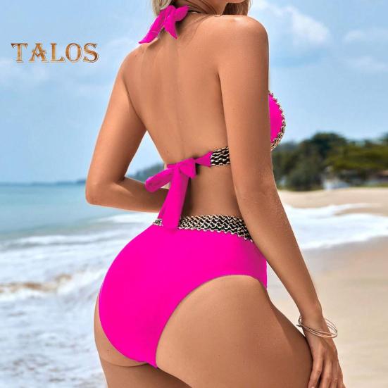 2Pcs/Set Women Sexy Bikini Set Halter V-neck Sleeveless Bra High Waist Briefs Set Patchwork Color Backless Swimsuit Bathing Suit