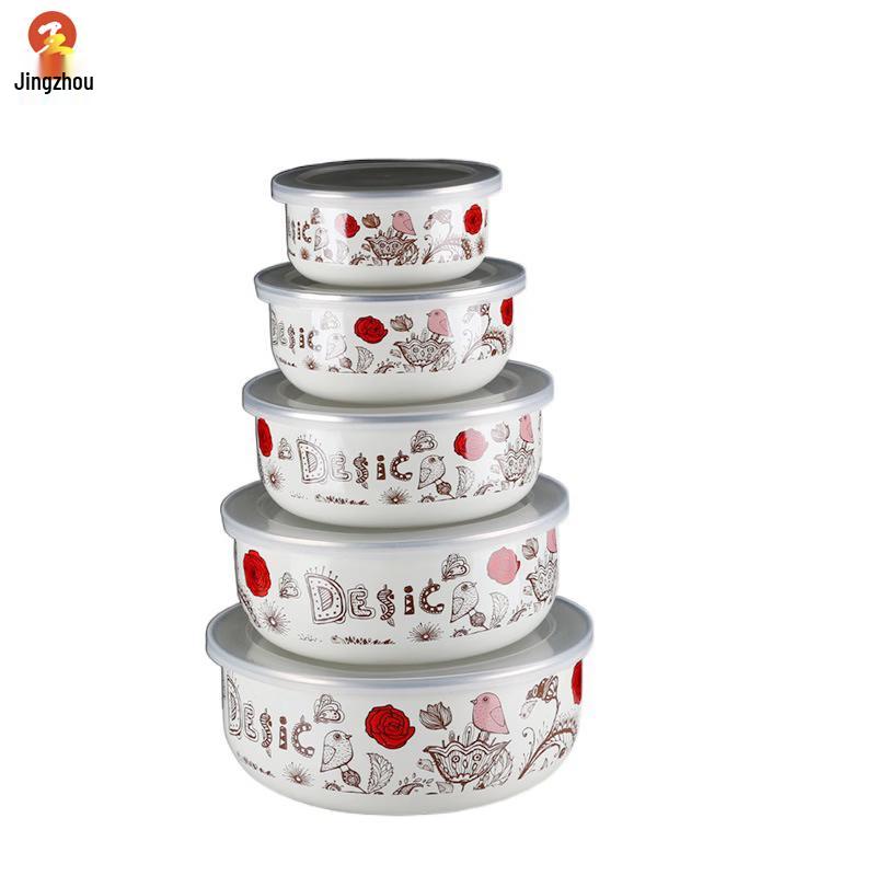 Retro Chinese Enamel Food Storage Bowl Set with Lids