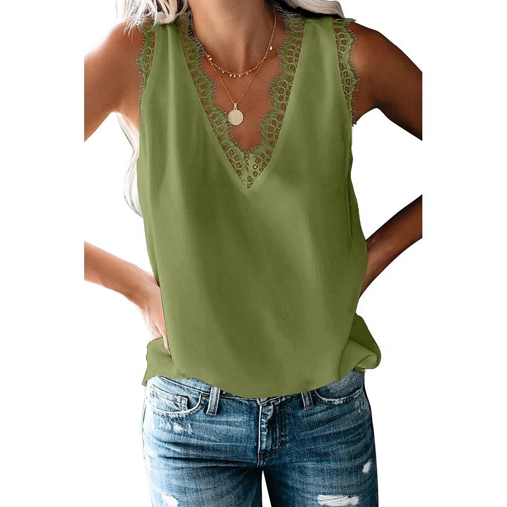 Women's V Neck Sleeveless Tank Top Loose Lace Trim Solid Color Casual Camisole
