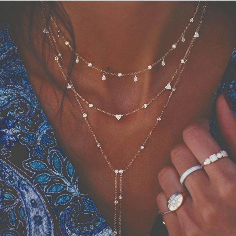 

New Vintage Crystal Geometry Star Moon Lock Necklace For Women Boho Multi-level Pendants Necklaces Chokers Jewelry Gift