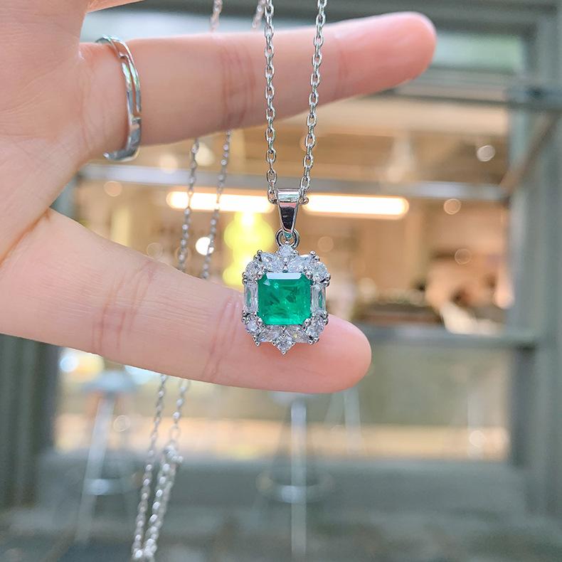 Small Square Emerald Jewelry Set Internet Famous Noblewoman Necklace Pendant Ring Earring Women's