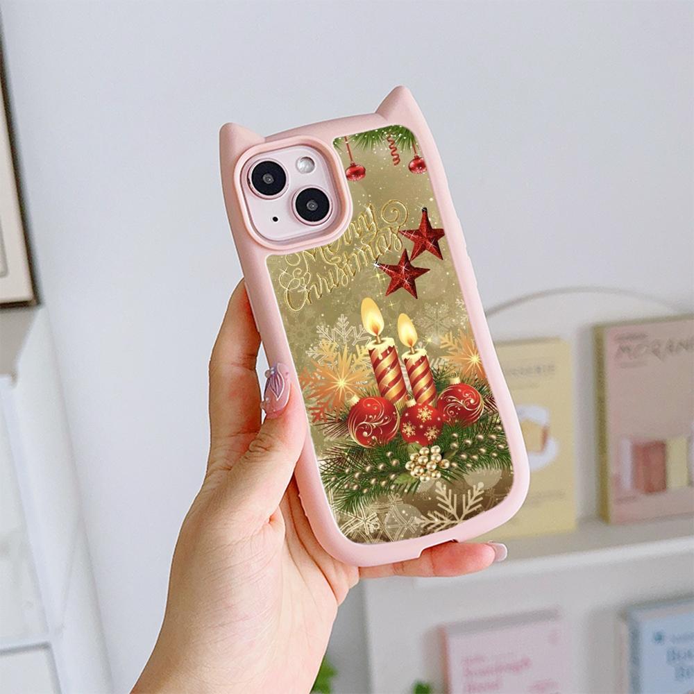 Cat Ear Soft Phone Case for iPhone 16 15 14 13 12 Pro Max Anti-Drop Transparent Acrylic Back Cover NY36 New Year Christmas Santa Claus Christmas tree