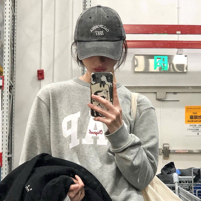 

American Retro Baseball Cap Women s Washed Denim Big Head Circumference Peaked Cap Letter Soft Top Wide Brim Wine-Red Hat Washed Black