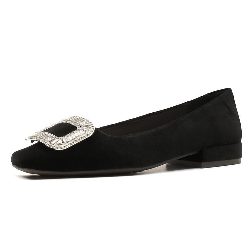 Square head thick heel flat shoes women's 2025 new autumn and winter black suede banquet comfortable temperament Internet celebrity rhinestone shoes