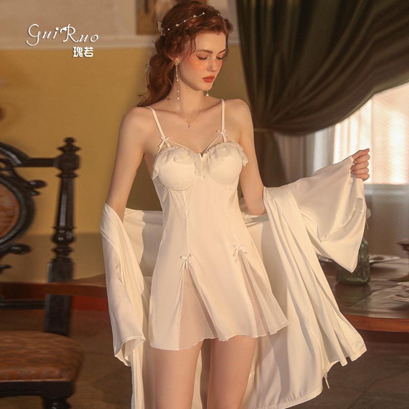 Women's Silky Push Up Padded Backless Robe Lounge Set for Spring Summer