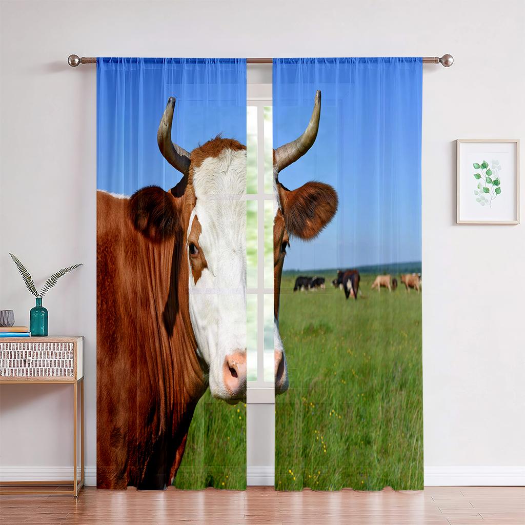3D Vintage Field Style Curtains, Animal, Cattle, Sheep, Plant, Floral Curtains, Living Room, Bedroom, Balcony, Kitchen Decor