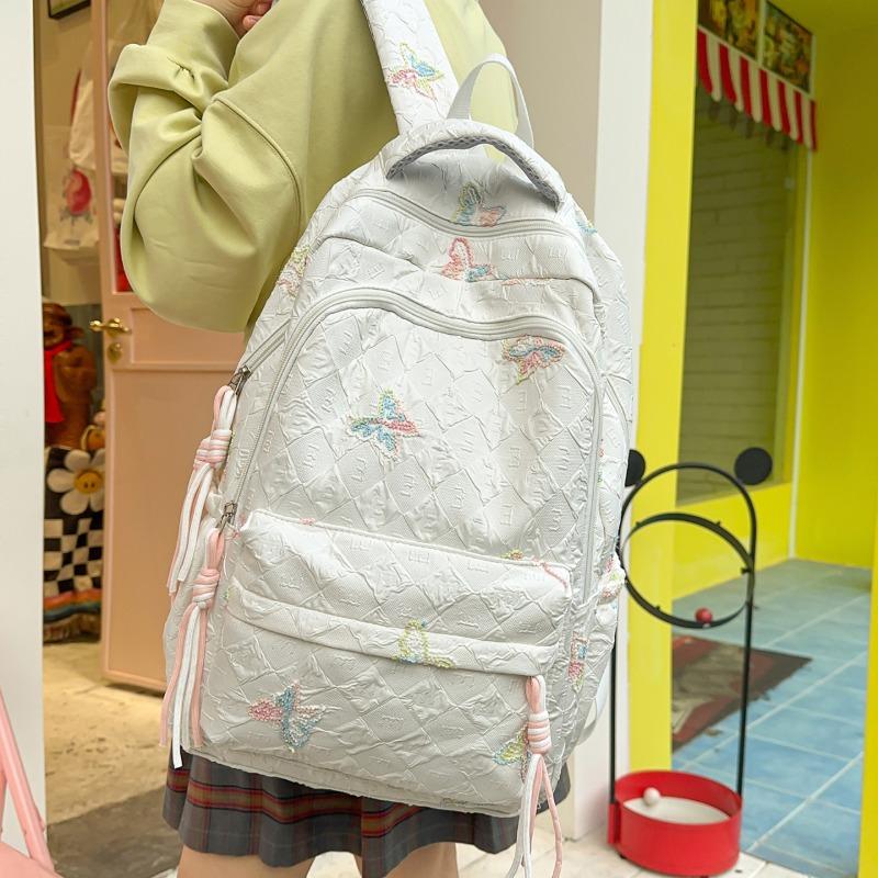 Butterfly Embroidery Backpack Casual Daily Bag Large Capacity School Bag for Students Commuters Minimalist Fashion Design with Tassel Details