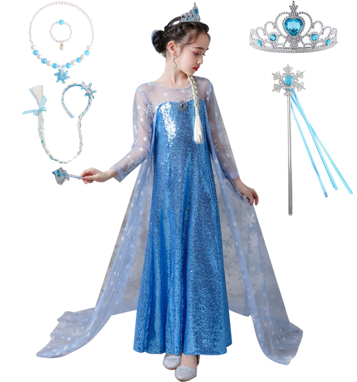 

Princess Dress Costume Cosplay Girls Set Costume Recital Dress Crown Gloves Magic Wand Luxurious Accessories Green Navy 140CM [QOOLY] Children s